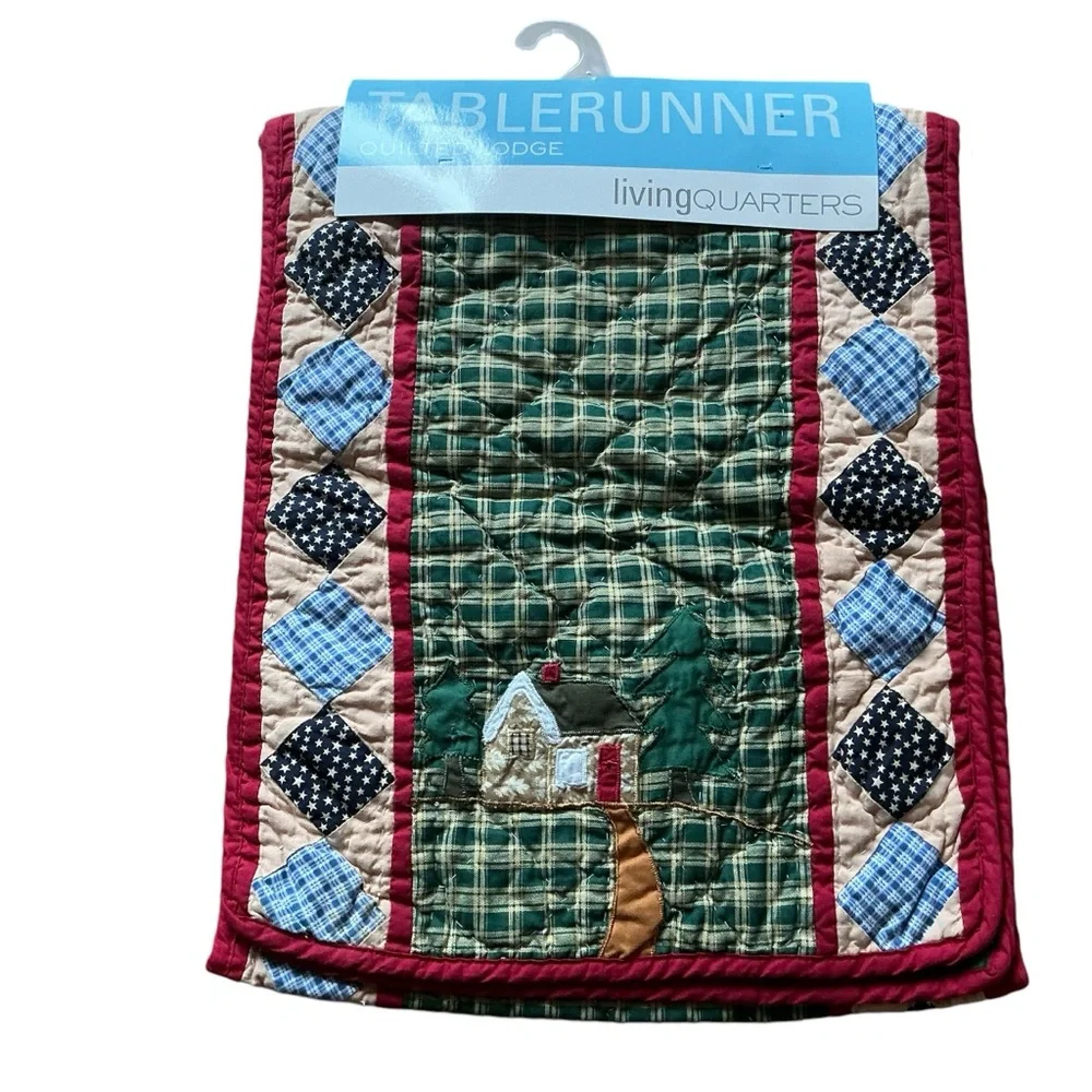 Vintage living quarters quilted table runner holiday multicolored plaid 68x14